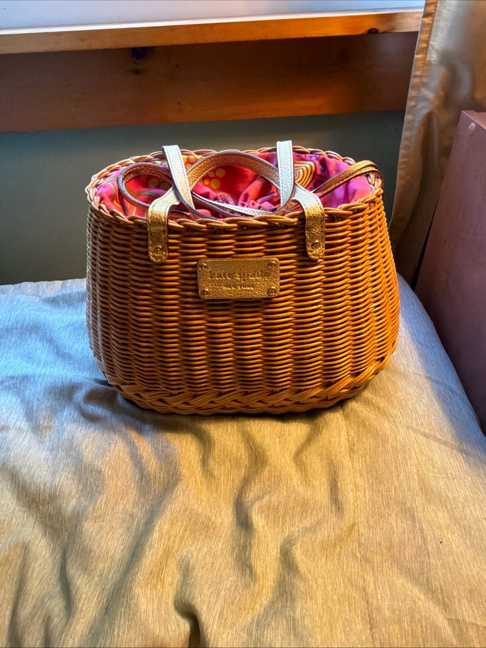 VINTAGE kate spade cozumel oval basket with Pink Patterned Liner &Gold Handles